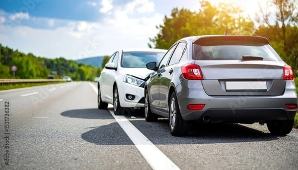 Fototapeta Two damaged cars, a silver hatchback rear-ended a white car on a road, visible in daytime.