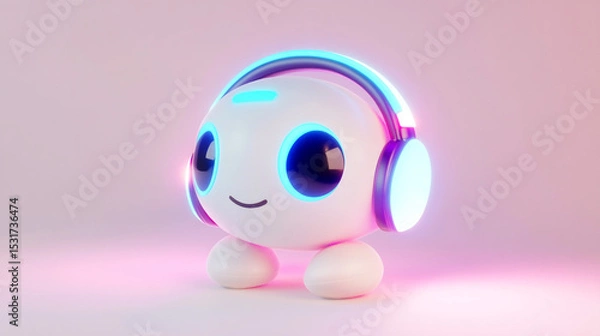 Fototapeta Cute Robot Character With Headphones in Glowing Neon Atmosphere. Adorable robot design with glowing headphones, surrounded by a vibrant neon setting, creating a feel of futuristic creativity and fun.
