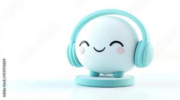 Fototapeta Adorable Spherical Character Wearing Headphones in a Pastel Setting. Perfect for technology, AI, gaming, or children's media themes with a cheerful touch.