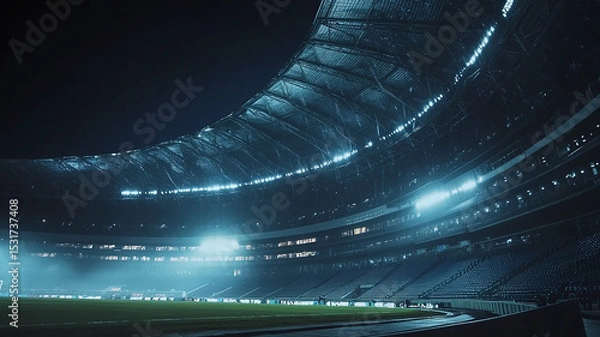 Fototapeta Illuminated Indoor Stadium at Night During a Sports Event. A spacious, modern indoor stadium beautifully lit at night, showcasing its vast structure and ambiance with the field in view.