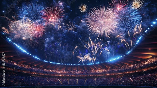 Fototapeta Fireworks Display Over Stadium. Vibrant fireworks illuminate the night sky above a stadium, ideal for celebration and event promotion visuals.