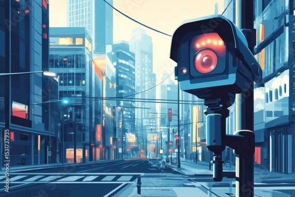 Obraz Security camera on pole in cityscape