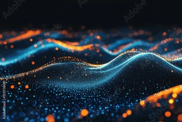 Obraz Abstract wavy landscape with blue and orange particles on white background