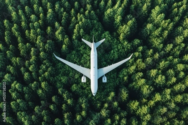 Obraz Aerial view of white airplane flying over dense green forest, isolated on white