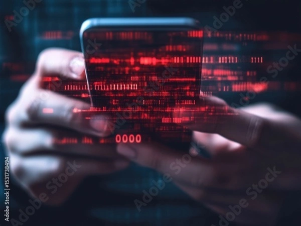 Obraz Hands holding smartphone displaying red digital data on white background