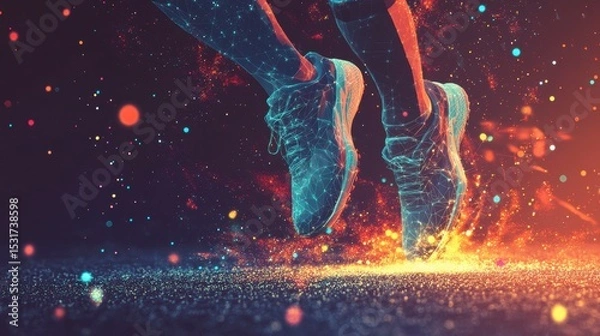 Obraz Energetic runner's legs in mid-air, sparks and fire trails below.