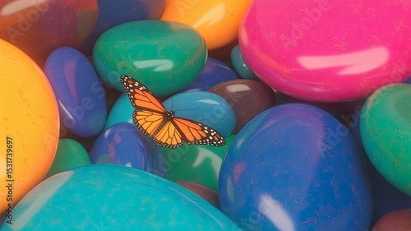 Fototapeta  A vibrant monarch butterfly rests atop a cluster of smooth, glossy, multicolored stones in a surreal, digitally rendered scene full of vivid tones and soft reflections.