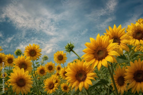 Obraz A vibrant field of sunflowers against a blue, cloudy sky.  A field of blossoms stretches to the horizon.