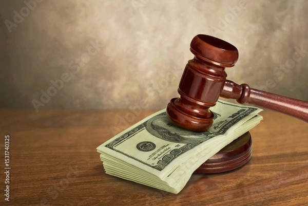 Fototapeta Judge gavel with money on wooden table