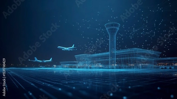 Fototapeta Futuristic airport terminal with planes taking off at night, depicted in wireframe.