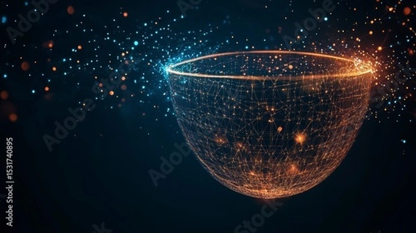 Fototapeta Abstract glowing sphere with interconnected nodes and particles, representing global network or data visualization.
