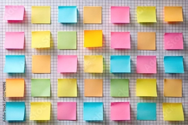 Fototapeta Colorful sticky notes arranged in grid on whiteboard for planning and organization