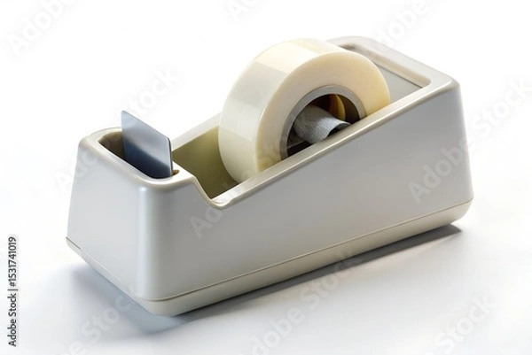 Fototapeta Beige tape dispenser with transparent tape on white background close-up