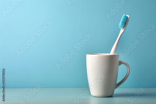 Fototapeta White mug with minimalist toothbrush on blue background for clean start