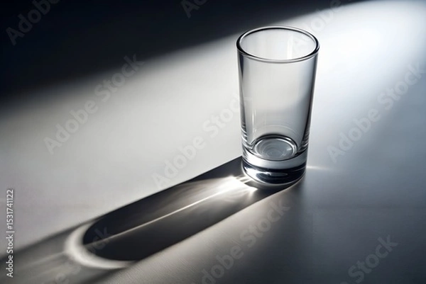 Fototapeta Empty glass with dramatic shadow in minimalist still life on white surface