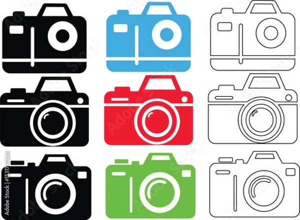 Obraz Colorful and Minimalist Camera Icon Set Featuring Black, Blue, Red, Green, and Outline Variations in a Grid for Creative and Digital Design