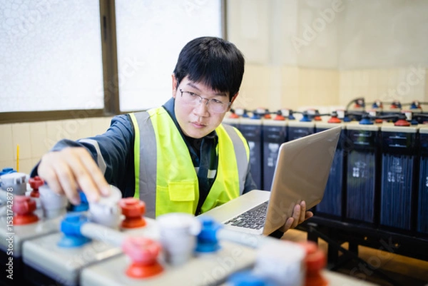 Fototapeta Technician wearing safety vest inspects backup power system battery while using laptop to ensure proper maintenance and reliable energy supply in industrial setting
