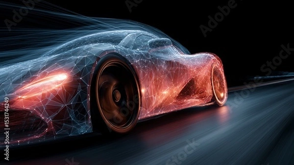 Obraz Night Speed Concept - Light Trail Wave Abstraction with Optic Fiber Curves and Polygonal Sports Car