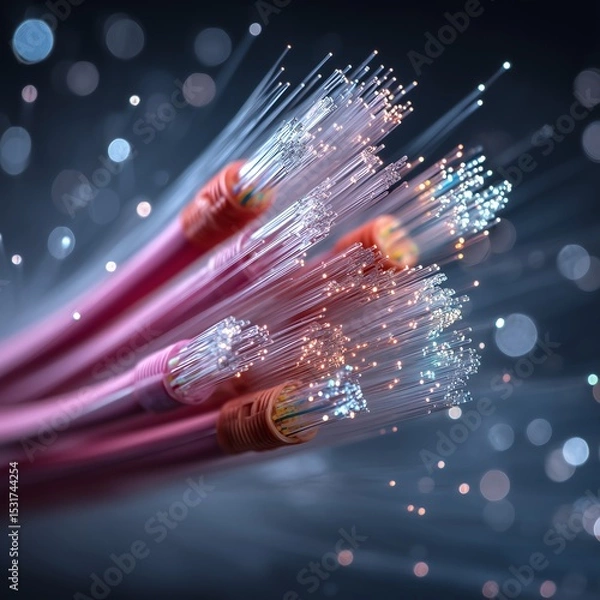 Fototapeta Minimal Network Cables with Soft Bokeh Fiber Optic Background, Ample Copy Space for Text, Square Format
