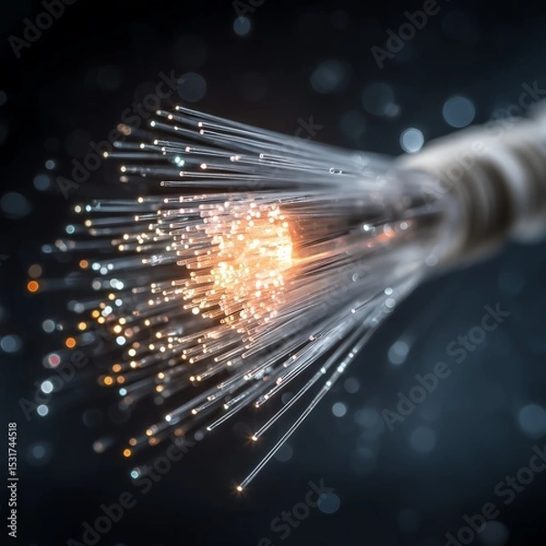 Obraz Close-Up Optical Fiber Connection - Glowing Data Transfer with Simple Tech Focus and Copy Space