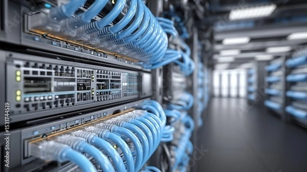 Fototapeta Network Hub with Patch Cables Connecting to Datacenter Servers - Minimalist Tech Aesthetic with Ample Copy Space