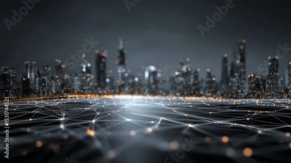 Obraz Futuristic Smart City - Modern AI Controlled Urban Landscape with Glowing 3D Fiber Network
