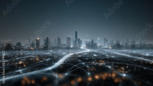 Obraz Futuristic Smart City - Modern AI Controlled Urban Landscape with Glowing 3D Fiber Network