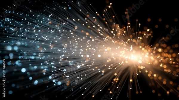 Obraz 3D Optical Fiber Tips Glowing with Lens Flare Effect on Dark Background - Light Trails Technology Abstract