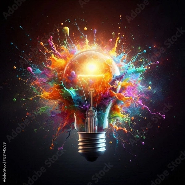 Obraz Illuminating Ideas: An artistic rendering bursts with vibrant color and radiant energy, a lightbulb at the center, symbolizing inspiration and innovation in a vivid display of creativity.