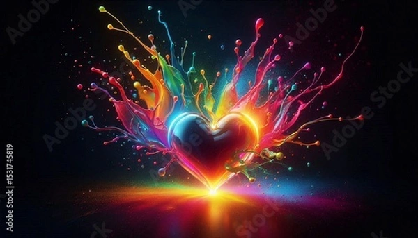 Obraz Love's Vibrant Burst: A captivating display of colors explodes from a heart shape, capturing the essence of love, passion, and dynamic emotions.