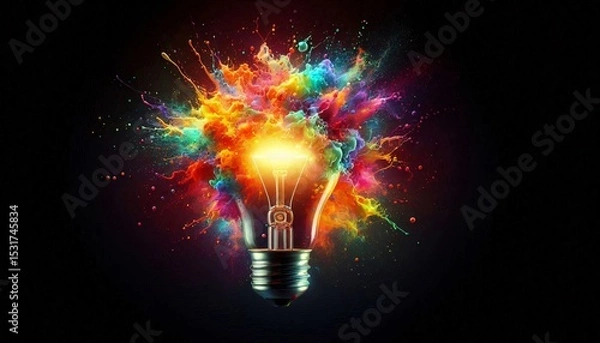 Obraz Illuminating Ideas: A vibrant lightbulb explodes with a kaleidoscope of colorful energy against a dark background, symbolizing innovation, creativity, and the spark of brilliant ideas.