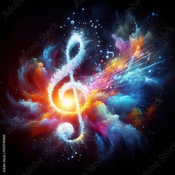 Obraz Musical Symphony of Colors: A mesmerizing artistic depiction of a treble clef surrounded by a vibrant explosion of colors, representing the harmonious beauty and creative energy of music.