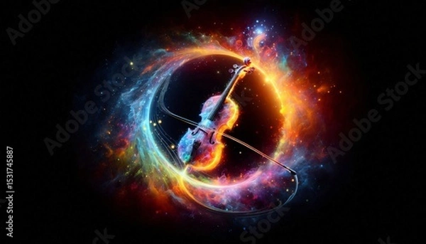 Obraz Musical Universe: A vibrant representation of a violin at the heart of a cosmic swirl, celebrating the art and the science of sound, with colorful energy swirls.