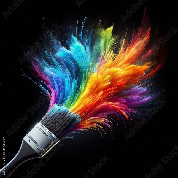 Obraz Brush of Color: A vibrant burst of colors emanates from a paintbrush, symbolizing creativity, artistry, and the boundless possibilities of imagination. Capturing a painter's tools, art.