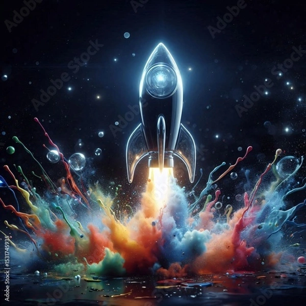 Obraz Rocket Launching: A vibrant rocket ignites with a burst of colorful energy, launching into the depths of the inky cosmos, signifying exploration, ambition, and technological advancement.
