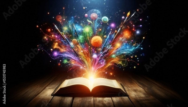 Obraz Storytelling Unbound: An open book radiates light and colorful explosions of imagination, representing knowledge, creativity, and the boundless power of narratives and stories.