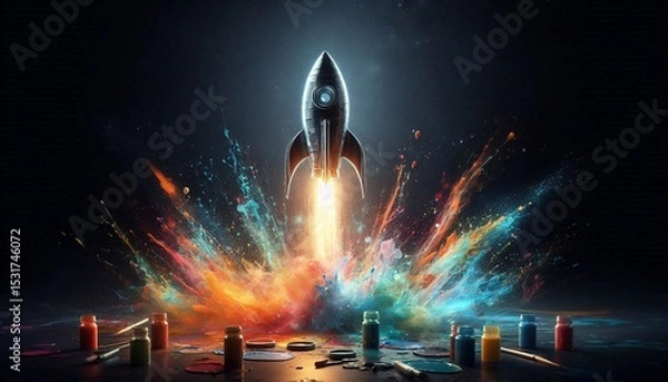 Obraz Rocket Launch with Vibrant Colors: A stunning depiction of a rocket taking off, bursting forth in a spectacular display of colorful energy and innovation. Illustrating growth and potential. 