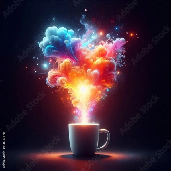 Obraz Coffee Cup Magic: A vibrant burst of colorful energy erupts from a coffee cup, illuminating the darkness, symbolizing creativity, innovation, and the inspiring power of ideas.