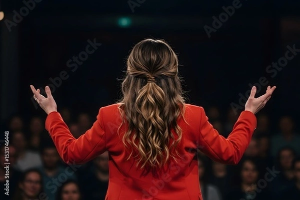 Fototapeta Feminist Activist Using a Big Stage to Talking About a Success Story of Running a Women Led Business in Silicon Valley, Startup Founder Talking About Business Partnerships and Collaborations. Generate