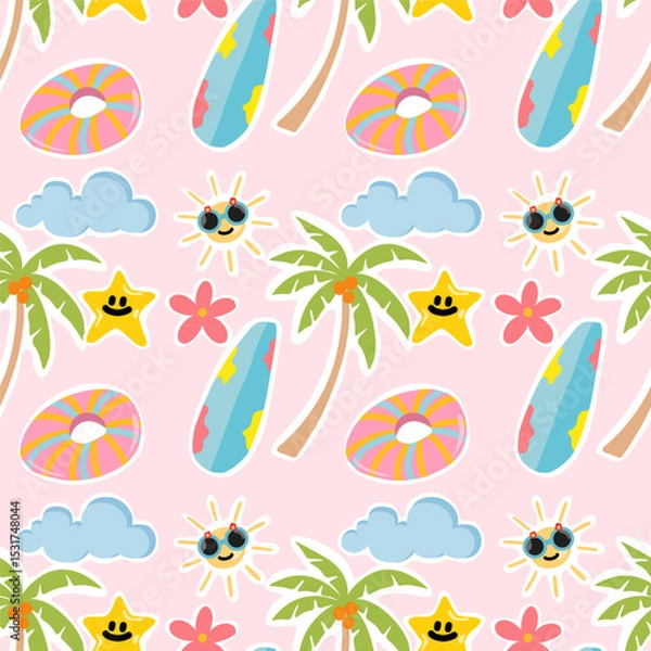 Fototapeta Seamless pattern with summer elements. Creative vector texture with palm trees, clouds, stars, flowers, sunglasses. Vector seamless summer pattern.