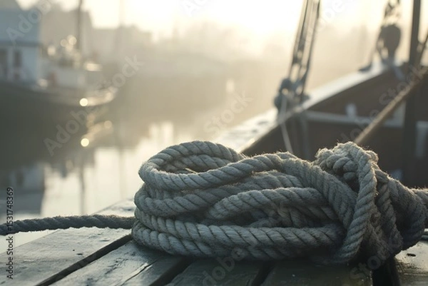 Fototapeta A close-up view of a tightly knotted rope resting on a wooden boat docked at a calm marina.