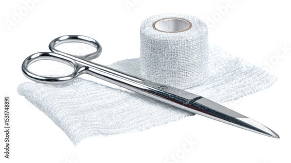 Fototapeta Sharp stainless steel bandage scissors are lying on a piece of white gauze near a roll of medical bandage, isolated on a transparent background, ready for use in first aid or medical procedures