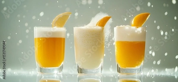 Fototapeta An artistic flat-lay of three glasses containing orange and yellow liquids in varying tones, placed on a transparent surface with natural lighting