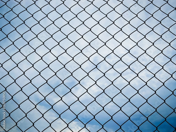 Fototapeta A close-up view of a metal mesh fence with a backdrop of a blue sky and scattered clouds. 