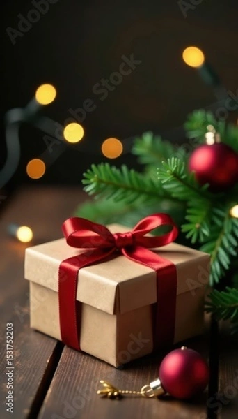 Obraz Rustic Christmas gift box, fir branches, baubles Bokeh lights Wooden table , sparkle, card, decoration