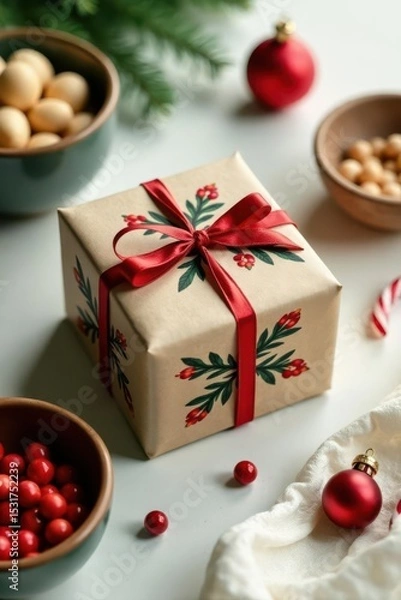 Obraz Rustic furoshiki package, natural materials, minimalist Christmas theme , natural, design, festive