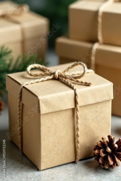 Obraz Rustic kraft paper boxes with twine, pine cones, christmas decor, handmade gift, christmas presents
