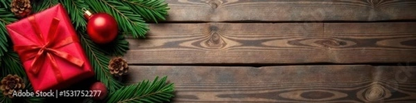 Obraz Rustic wood backdrop, ornaments, wrapped gifts, pine cones, boxes, setting, ribbon