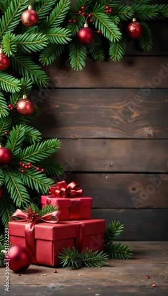 Obraz Rustic wood backdrop, stacked presents, pine boughs, ornaments, pine, comfort