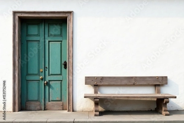 Obraz Rustic wooden door, weathered bench, white wall , home style, bright space